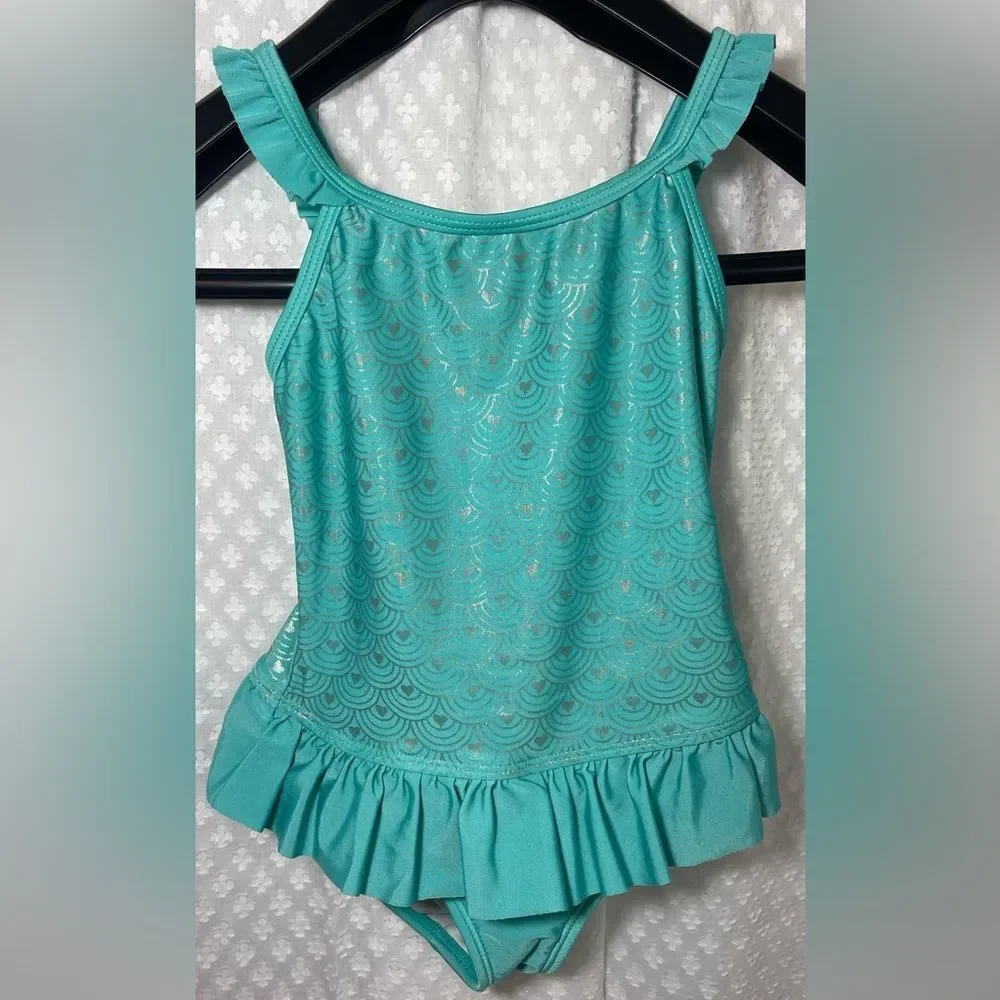 Cat & Jack Swimsuit Youth 4/5 Mermaid Teal Silver Ruffled Strap Girls Swim Beach